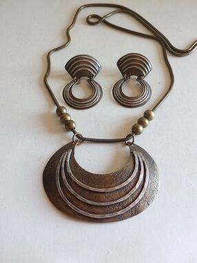 Vintage Modernist designer BAER S.F. NECKLACE EARRINGS SET Mix Metals